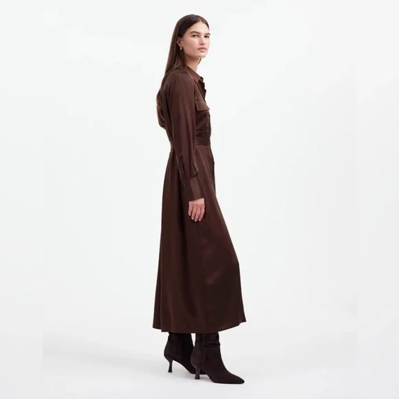 Madewell 100% Silk Chocolate brown Midi Statement Shirtdress - Picture 2 of 4